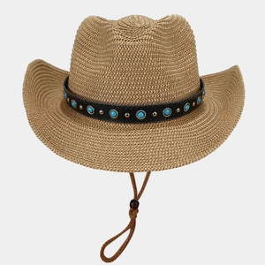 Classic wide brim straw cowboy hat with turquoise beads and adjustable chin cord