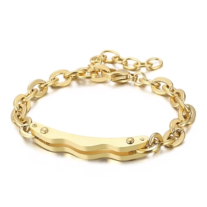 Bracelet chaîne gourmette classique en acier inoxydable doré avec plaque ondulée