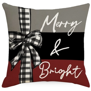 Red and black plaid Christmas pillow cover with Merry & Bright text and bow design