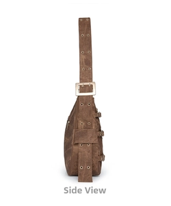 Side view of dark brown textured crossbody bag with metal eyelets and adjustable buckle straps