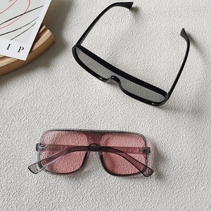 Detail view of classic black rectangular sunglasses and trendy transparent pink eyewear