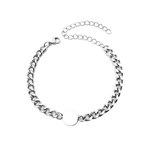 Polished silver titanium steel Cuban chain bracelet with circular tag and adjustable clasp