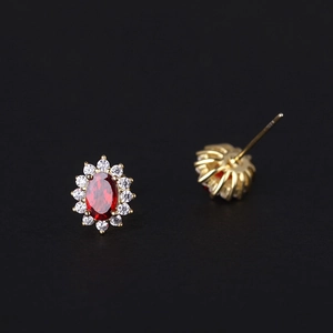 18K gold plated S925 silver stud earrings with red garnet center stone and zircon halo