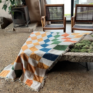 Colorful checkered knit picnic blanket with tassels for outdoor camping and home decor