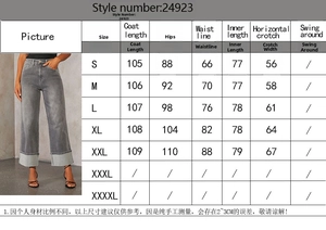 Detailed size chart for high waist straight leg jeans including waist and hip measurements