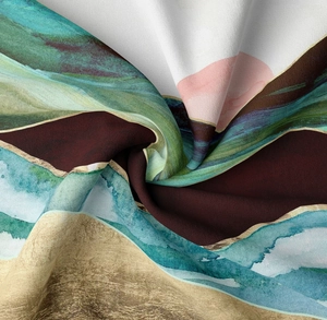 Detailed view of mountain landscape tapestry with high-quality twill weave texture