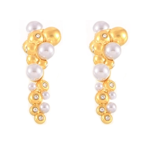 Elegant French style pearl drop earrings with gold titanium steel and inlaid crystals