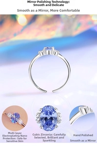 Detail of adjustable silver ring with blue oval zirconia and hypoallergenic plating