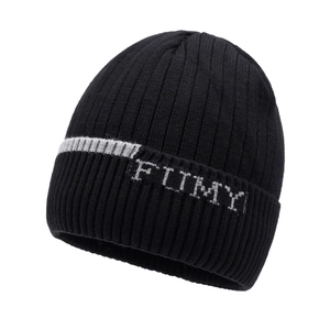 Schwarze Strickmütze für Herren mit FLMY-Stickerei und grauem Streifen am Umschlag