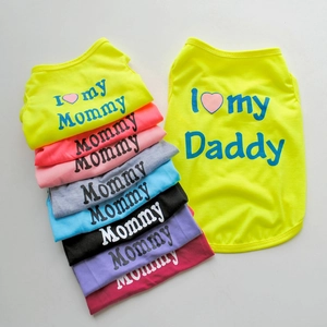 Detail showing various colors of breathable cotton pet vests with I love Mommy prints