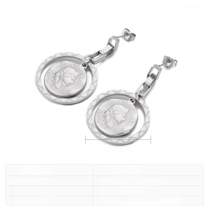 Detailed view of silver stainless steel drop earrings with 1973 coin portrait and mesh texture