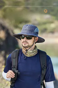 Detailed view of dark blue sun hat with breathable mesh and adjustable windproof strap