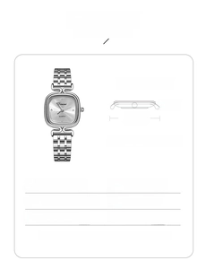 Size chart for DIMINI square quartz watch showing dial dimensions and steel band length