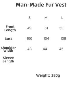 Detailed size chart for women's faux fur vest including length, bust, and shoulder measurements