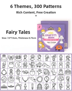 Mini purple fairy tale coloring book for kids with 50 unique pages in 7.5x7.5cm size