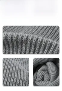 Detail shot of grey ribbed knit beanie showing high-quality wool texture and thickness