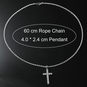 Silver hip hop iced out cross pendant with 60cm rope chain on black reflective background
