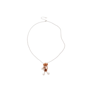 Flocked bear necklace with stainless steel chain pearl and star charm on white background