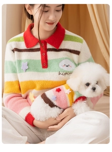 Detail showing soft knit fabric and dog embroidery on matching parent-pet outfits