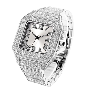 Macro shot of silver diamond-encrusted square watch with Roman numerals and metal band