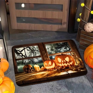 Detail of Halloween diatomaceous earth mat featuring pumpkins and skeletons at doorway