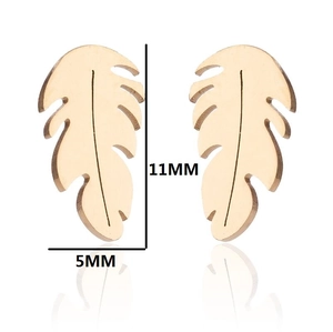 Pair of gold feather leaf stud earrings in stainless steel with 11MM by 5MM dimensions