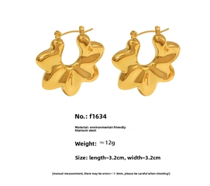 Detail of 18k gold plated stainless steel hollow flower earrings measuring 3.2cm