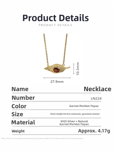 Detail view of S925 sterling silver gold leaf necklace with natural garnet and dimensions