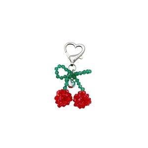 Handmade beaded cherry keychain with red heart pendant for bag and keys decoration