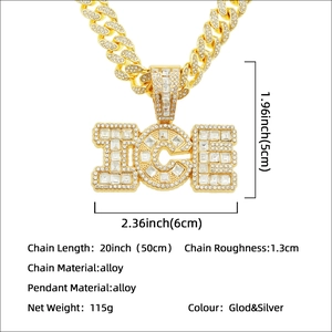 Hip hop iced out ICE letter pendant necklace with rhinestone cuban chain in gold and silver