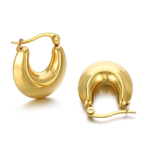 Chunky gold U-shaped hollow hoop earrings in polished stainless steel for women