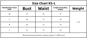 Detailed size chart for printed camisole top with measurements from XS to L in centimeters