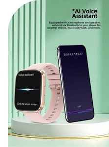 Detail of smart watch showing pink silicone strap, gold case, and AI voice feature