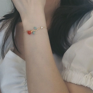 Hand-painted red rose and green leaf gold chain bracelet with star charm for women
