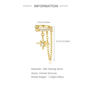 Size and material info for 925 silver star tassel ear cuff with AAAAA zirconia stones
