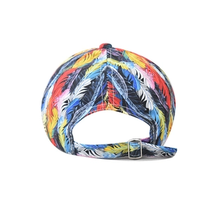 Detail of colorful feather print cotton baseball cap with adjustable metal back strap buckle