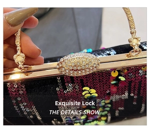 Close-up of golden hardware with oval diamond clasp and shiny colorful sequins