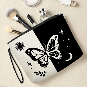 Black and white butterfly moon makeup bag with metal zipper and wristlet strap