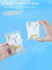Detail of hand holding a 20g upgraded thickened portable disposable raincoat in packaging
