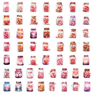 Detailed grid layout of pink watercolor heart-themed stickers for Valentine decoration