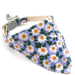 Adjustable pet collar bandana with purple daisy floral pattern and silver bell