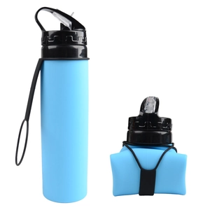 Collapsible blue silicone water bottle shown in both expanded and folded states for travel