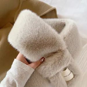 Faux Rabbit Fur Scarf Thickened Warm Neck Warmer Pull Through Design Solid Color Soft Elegant Winter Accessory Women
