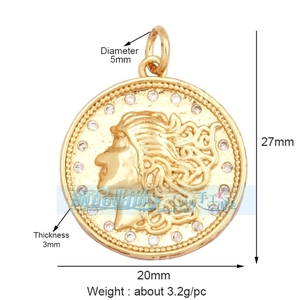 Macro view of 20mm vintage gold goddess pendant featuring medusa relief and zircon rim