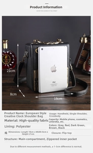 Retro clock-shaped black crossbody bag shown alongside an iPad for size scale