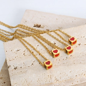 Set of minimalist gold titanium steel square cube pendant necklaces with red heart patterns
