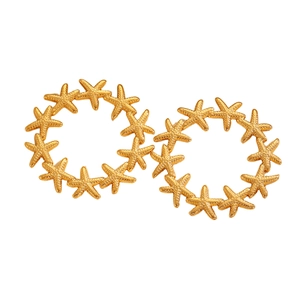 Detail of golden stainless steel hoop earrings with multiple starfish motifs