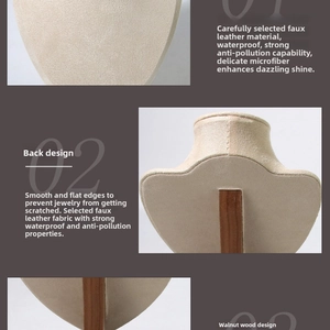 Detail of walnut wood base and beige microfiber jewelry neck display stand craftsmanship