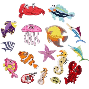 Marine Life Embroidered Patches For Clothing Polyester Cartoon Jellyfish Lobster Starfish Crab Fish Animal Iron On Applique For DIY Decor