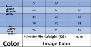 Detailed size chart for short sleeve t-shirt with bow collar in S, M, and L sizes